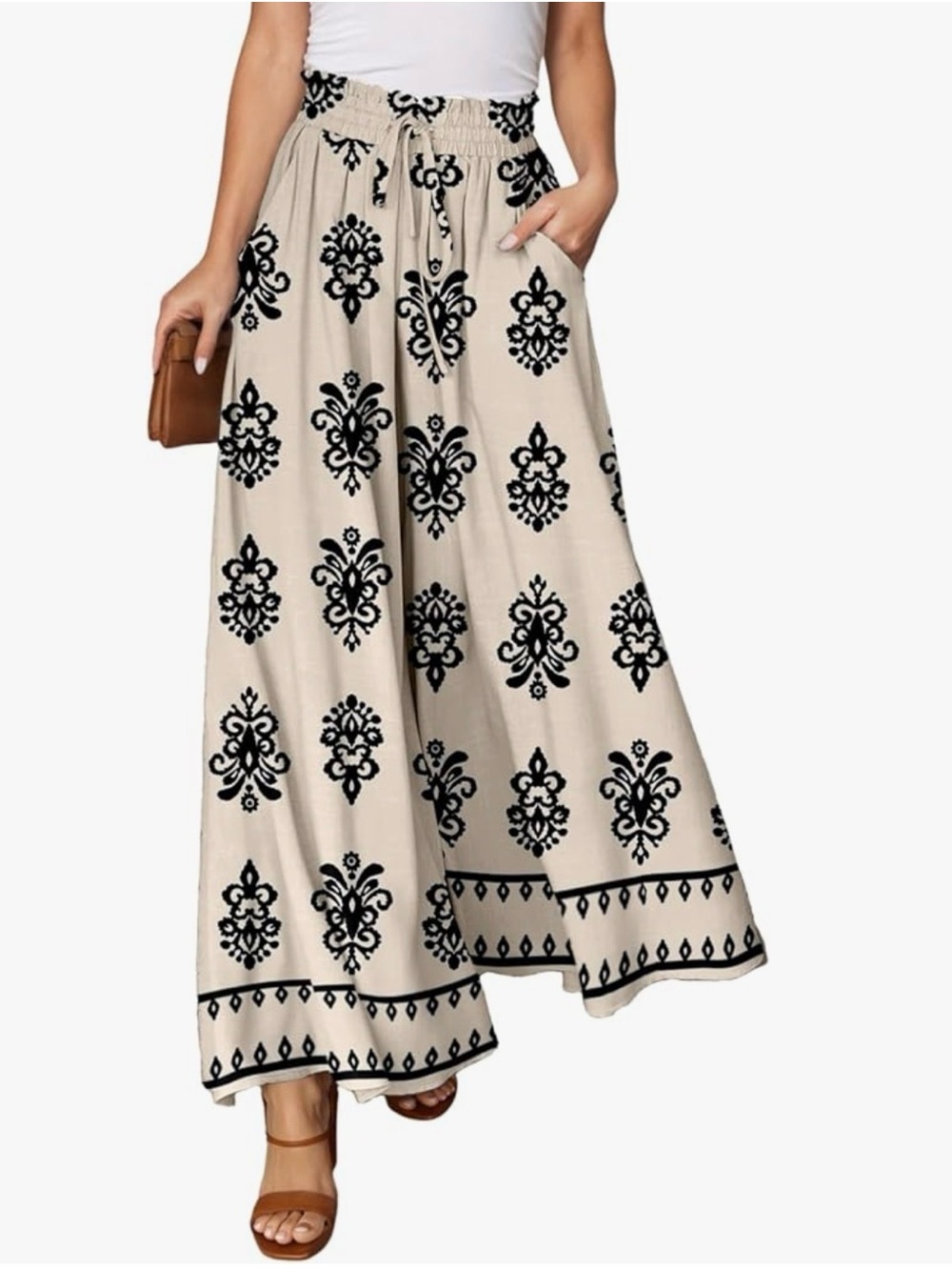 Wide-Leg Printed Palazzo Pants in Cream with Black Motif